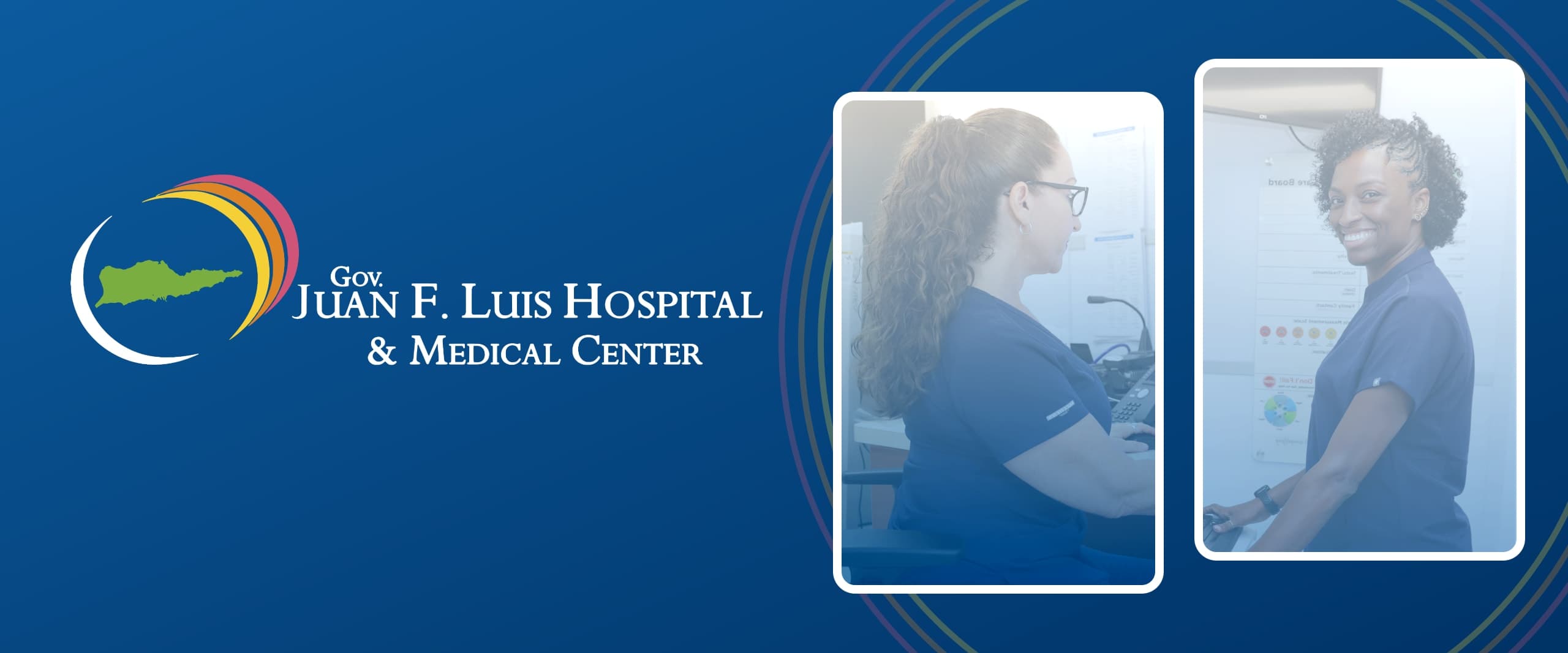 The Juan F. Luis Hospital & Medical Center logo beside two JFL nurses in navy scrubs at work
